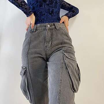 Women's Y2k Wide Leg Boyfriend Jeans High Waisted Baggy Flap Pocket Relaxed Fit Cargo Jeans Streetwear Loose Denim Pants L# Grey X-Small