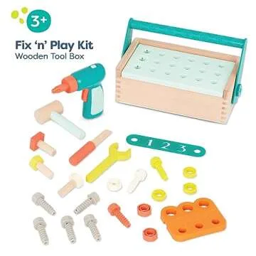 B. toys- Fix ‘n’ Play Kit- Pretend Play Tool Box – Wooden Toolbox & Accessories (25 Pcs) – Carpenter Set for Kids – Play Set with Drill, Hammer, Screwdriver & More – 3 Years +