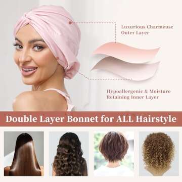 Adjustable Silk Satin Bonnet for Sleeping Hair Wrap, Double Layer Sleep Cap, Night Turban for Large Long Curly Braid Women Men Hair - Pink