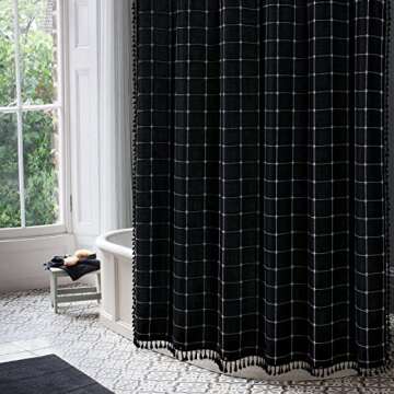 Gibelle Boho Farmhouse Shower Curtain with Tassel, Rustic Cottagecore Aesthetic Bohemian Chic Modern Bathroom Decor Thick Waffle Textured Fabric Shower Curtain Set with Hooks