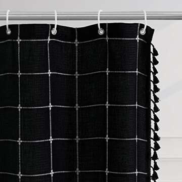 Gibelle Boho Farmhouse Shower Curtain with Tassel, Rustic Cottagecore Aesthetic Bohemian Chic Modern Bathroom Decor Thick Waffle Textured Fabric Shower Curtain Set with Hooks