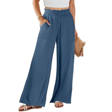 ANRABESS Womens Linen Pants High Waist Wide Leg Casual Trousers Blue XX-Large