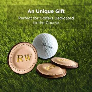 Personalized Golf Ball Markers (Natural, Set of 2) - Golf Gifts for Men - Monogrammed Initial Custom Golf Markers w/Full Grain Genuine Leather - Father’s Day Gift for Golf Lover - Cool Golf Accessori