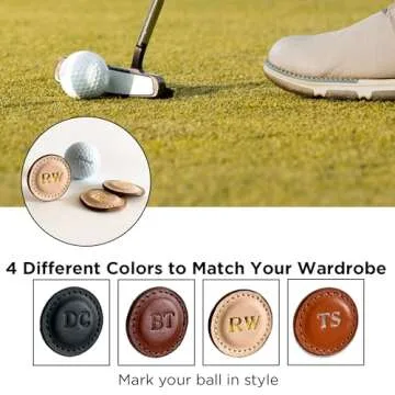 Personalized Golf Ball Markers (Natural, Set of 2) - Golf Gifts for Men - Monogrammed Initial Custom Golf Markers w/Full Grain Genuine Leather - Father’s Day Gift for Golf Lover - Cool Golf Accessori