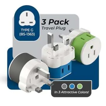 OREI UK, Ireland, Dubai Power Plug Adapter with 2 USA Inputs - Travel 3 Pack - Type G (US-7) Fuse Pr...