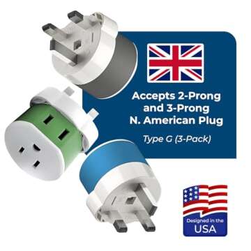 OREI UK, Ireland, Dubai Power Plug Adapter with 2 USA Inputs - Travel 3 Pack - Type G (US-7) Fuse Protected - Use with Cell Phones, Laptop, Camera Chargers, CPAP, and More
