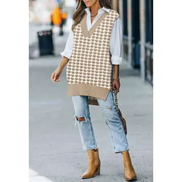 Viottiset Women's Oversized Houndstooth Knit Sweater Vest