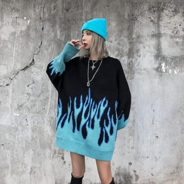 Oversized Y2K Grunge Flame Knitted Pullover - Stylish & Versatile