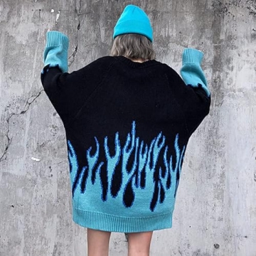 Oversized Y2K Grunge Flame Knitted Pullover - Stylish & Versatile