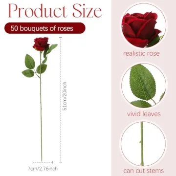 50 Pcs Burgundy Artificial Roses for Home and Weddings