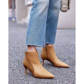 Coutgo Womens Kitten Heel Ankle Boots Pointed Toe Side Zipper Fall Winter Booties Shoes, Brown, Size...
