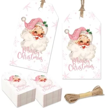Whaline 100Pcs Merry Christmas Paper Gift Tags Pink Santa Claus Snowflake Blank Hanging Labels with ...