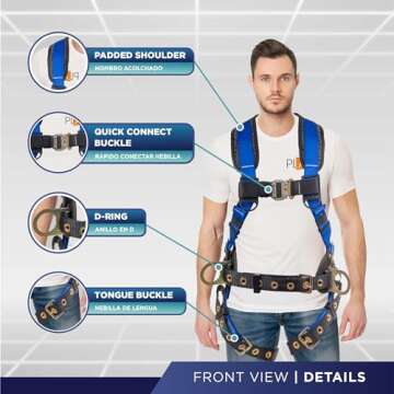 Palmer Safety Fall Protection Full Body 5 point Harness, Padded Back Support, Quick-Connect Buckle, ...