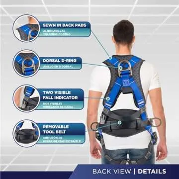 Palmer Safety Fall Protection Full Body 5 point Harness, Padded Back Support, Quick-Connect Buckle, Grommet Legs, Back&Side D-Rings, OSHA ANSI Industrial Roofing Tool Personal Equipment (Blue - MD)