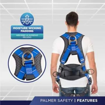 Palmer Safety Fall Protection Full Body 5 point Harness, Padded Back Support, Quick-Connect Buckle, Grommet Legs, Back&Side D-Rings, OSHA ANSI Industrial Roofing Tool Personal Equipment (Blue - MD)