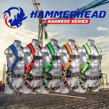 Palmer Safety Fall Protection Full Body 5 point Harness, Padded Back Support, Quick-Connect Buckle, Grommet Legs, Back&Side D-Rings, OSHA ANSI Industrial Roofing Tool Personal Equipment (Blue - MD)