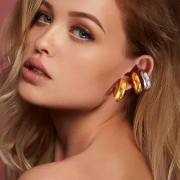 6 Pairs Chunky Gold Silver Ear Cuffs Earrings for Women Non Piercing 14K Gold Plated Chunky Round Hu...