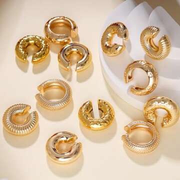 6 Pairs Chunky Gold Silver Ear Cuffs Earrings for Women Non Piercing 14K Gold Plated Chunky Round Huggie Minimalism Earrings for Women Ear Cartilage Clip Jewelry Gift (6 Pairs Gold Ear Cuffs)