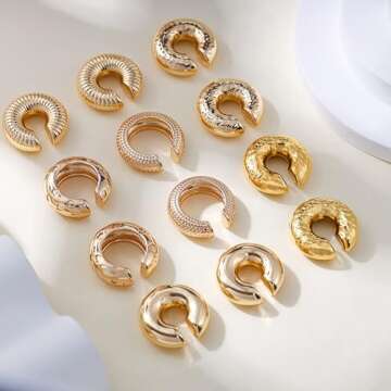 6 Pairs Chunky Gold Silver Ear Cuffs Earrings for Women Non Piercing 14K Gold Plated Chunky Round Huggie Minimalism Earrings for Women Ear Cartilage Clip Jewelry Gift (6 Pairs Gold Ear Cuffs)