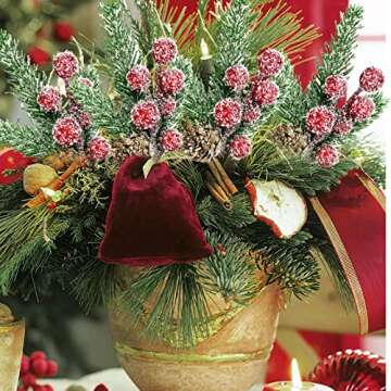 Asikkon Red Berry Stems Floral Pine Cones Christmas Artificial Pine Branches Evergreen Branch Berries Décor 10PCS Holiday Floral Picks Holly Stem for Decoration DIY Christmas Craft Wreath Decoration