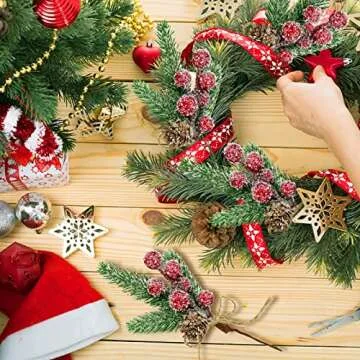 Asikkon Red Berry Stems Floral Pine Cones Christmas Artificial Pine Branches Evergreen Branch Berries Décor 10PCS Holiday Floral Picks Holly Stem for Decoration DIY Christmas Craft Wreath Decoration