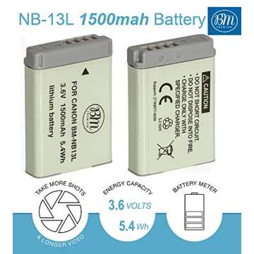 BM Premium 2-Pack of NB-13L Batteries for Canon PowerShot SX740 HS, G1 X Mark III, G5 X, G5 X Mark I...