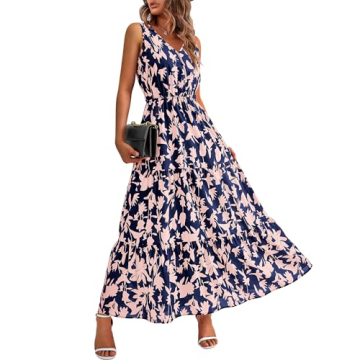 BTFBM Formal Wedding Guest Dresses for Women - Elegant Floral Maxi Dress in Navy Pink Flower