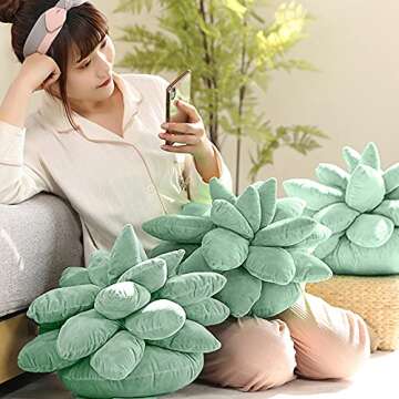 3D Succulents Cactus Pillow, Succulent Plush Pillow, Cute Plant Throw Pillow, Novelty Green Flower Pillow for Garden or Green Lovers, Home Bedroom Room Decoration (10 Inches/25cm, Dark Green)