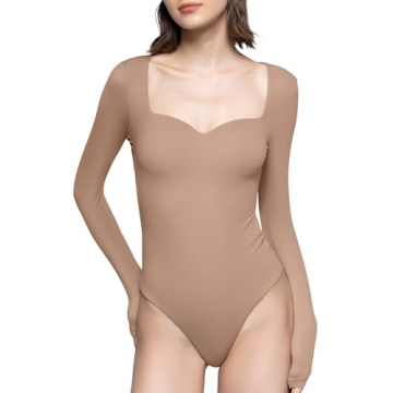 PUMIEY Women's Bodysuits - Long Sleeve Sweetheart Neck Shirt Sexy Tops, Taffy Medium