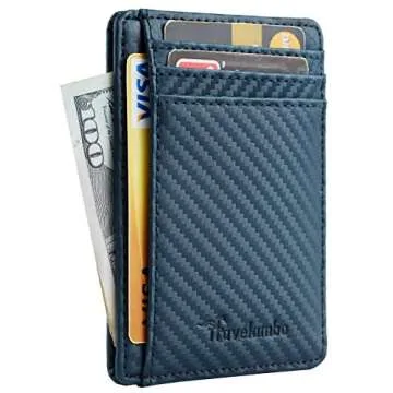 Travelambo Front Pocket Minimalist Leather Slim Wallet RFID Blocking Carbon Fiber Texture(Blue)