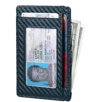 Travelambo Front Pocket Minimalist Leather Slim Wallet RFID Blocking Carbon Fiber Texture(Blue)