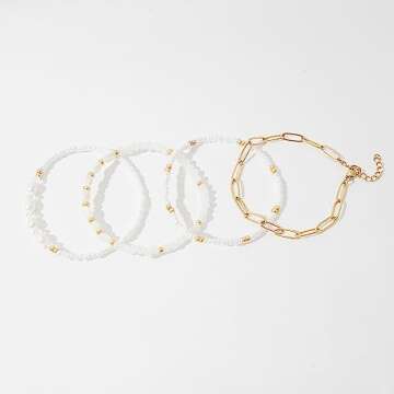 Pymach Dainty Gold Pearl Crystal Beaded Bracelets Set for Women 14K Real Gold Plated Bead Pearl Crys...