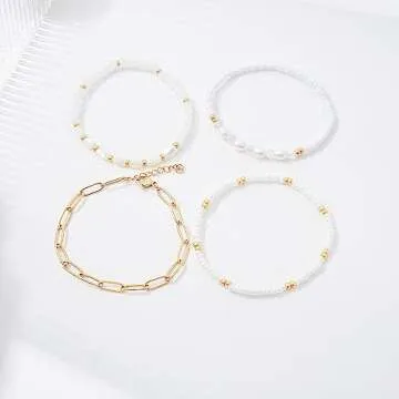 Pymach Dainty Gold Pearl Crystal Beaded Bracelets Set for Women 14K Real Gold Plated Bead Pearl Crystal Beads Bracelet Stackable Paperclip Link Chain Bracelets Gold Bracelets for Women Trendy Jewelry