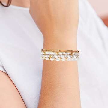 Pymach Dainty Gold Pearl Crystal Beaded Bracelets Set for Women 14K Real Gold Plated Bead Pearl Crystal Beads Bracelet Stackable Paperclip Link Chain Bracelets Gold Bracelets for Women Trendy Jewelry