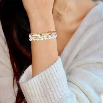 Pymach Dainty Gold Pearl Crystal Beaded Bracelets Set for Women 14K Real Gold Plated Bead Pearl Crystal Beads Bracelet Stackable Paperclip Link Chain Bracelets Gold Bracelets for Women Trendy Jewelry