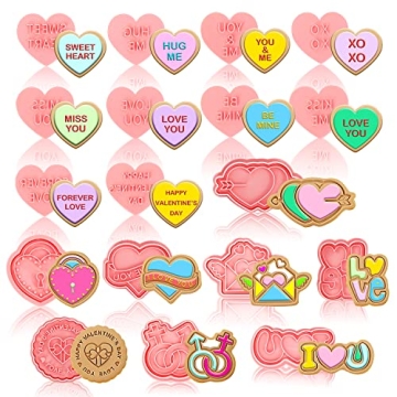 18 Pieces Valentine's Day Cookie Cutters Conversation Hearts 3D Cookie Stampers Set Cookie Biscuit F...