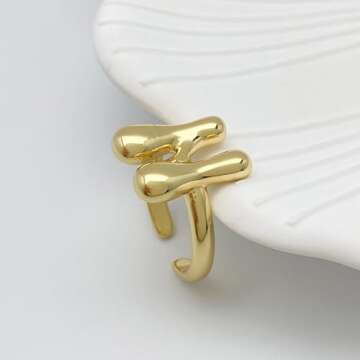 Bubble Initial Ring For Women ，Dainty Balloon Letter Rings 14k Gold Plated Open Adjustable Unique ...