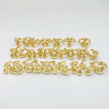 Bubble Initial Ring For Women ，Dainty Balloon Letter Rings 14k Gold Plated Open Adjustable Unique Gift Jewelry (Gold letter N)