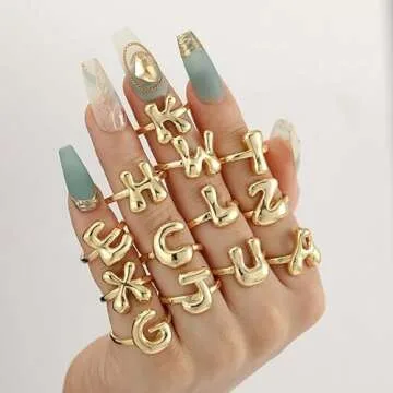 Bubble Initial Ring For Women ，Dainty Balloon Letter Rings 14k Gold Plated Open Adjustable Unique Gift Jewelry (Gold letter N)