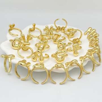 Bubble Initial Ring For Women ，Dainty Balloon Letter Rings 14k Gold Plated Open Adjustable Unique Gift Jewelry (Gold letter N)