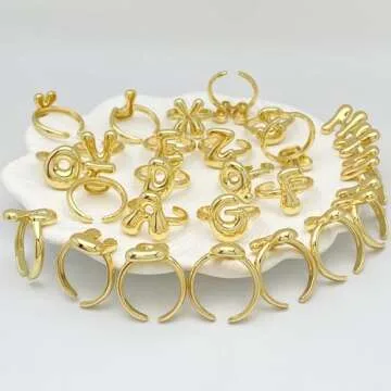Bubble Initial Ring For Women ，Dainty Balloon Letter Rings 14k Gold Plated Open Adjustable Unique Gift Jewelry (Gold letter N)