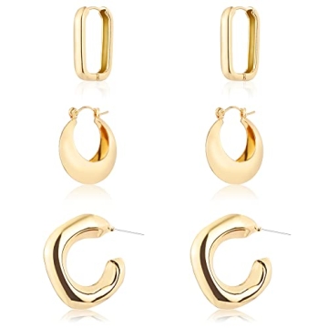 ALLHOLA 14K Gold Hoop Earrings for Women, Hypoallergenic Chunky Gold Hoop Earrings Multipack, Lightw...