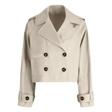 Tankaneo Womens Cropped Trench Coat Lapel Double Breasted Short Jacket Outwear