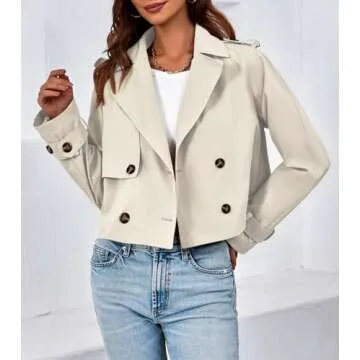 Tankaneo Womens Cropped Trench Coat Lapel Double Breasted Short Jacket Outwear