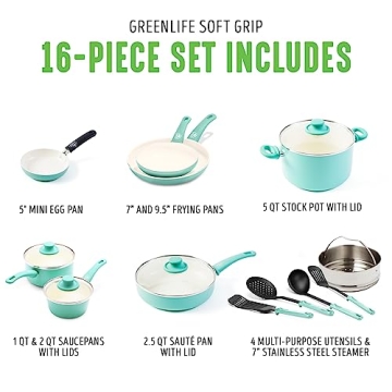 GreenLife Soft Grip 16 Piece Cookware Set, Non-Toxic PFAS-Free Ceramic Nonstick, Pots, Frying, Sauce, Saute, Glass Lids, Stay-Cool Handles, Wobble Free Bases, Dishwasher & Oven Safe, Turquoise