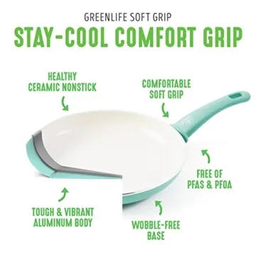 GreenLife Soft Grip 16 Piece Cookware Set, Non-Toxic PFAS-Free Ceramic Nonstick, Pots, Frying, Sauce, Saute, Glass Lids, Stay-Cool Handles, Wobble Free Bases, Dishwasher & Oven Safe, Turquoise