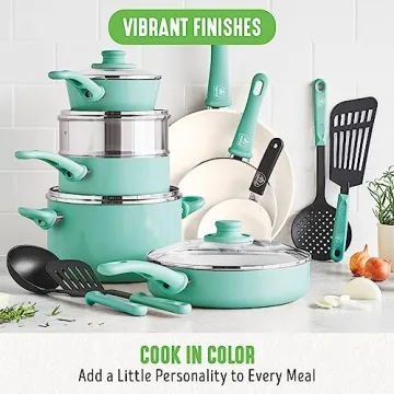 GreenLife Soft Grip 16 Piece Cookware Set, Non-Toxic PFAS-Free Ceramic Nonstick, Pots, Frying, Sauce, Saute, Glass Lids, Stay-Cool Handles, Wobble Free Bases, Dishwasher & Oven Safe, Turquoise