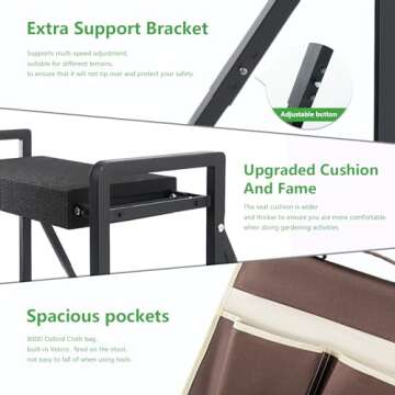 Onadak Garden Kneeler and Seat Heavy Duty,Foldable Gardening Stool with Anti-Tipping，10" Thicken & Widen Soft Kneeling Pad,Great Gardening Gifts for Women and Men, Bench Comes with Tool Pouch,Black