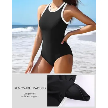 Charmo Womens One Piece Swimsuits Full Coverage Racerback Bathing Suit Wide Strap Modest Swimwear Black