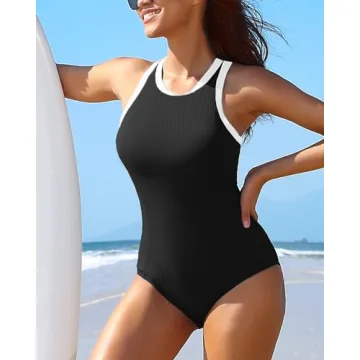 Charmo Womens One Piece Swimsuits Full Coverage Racerback Bathing Suit Wide Strap Modest Swimwear Black